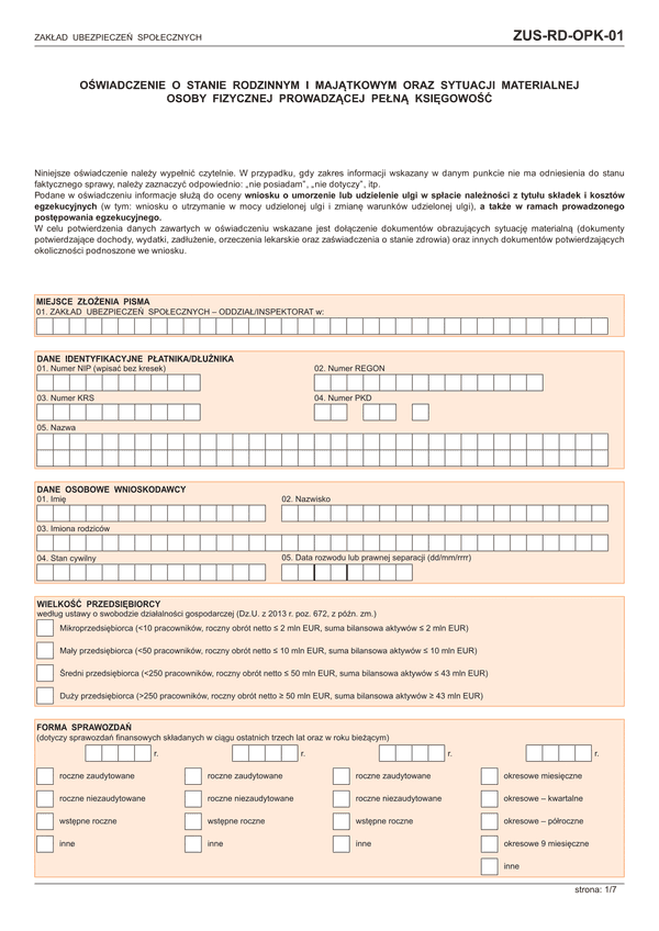 ZUS-RD-OPK-01 (archiwalny) Oświadczenie o stanie rodzinnym i majątkowym oraz sytuacji materialnej osoby fizycznej prowadzącej pełną księgowość