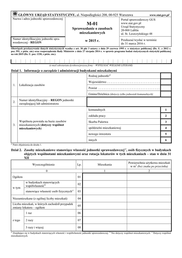GUS M-01 (2015) (archiwalny) Sprawozdanie o zasobach mieszkaniowych w 2015 r.
