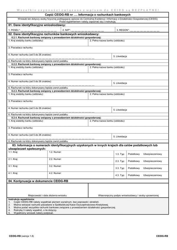 CEIDG-RB (1.08) (archiwalny) Informacja o rachunkach bankowych