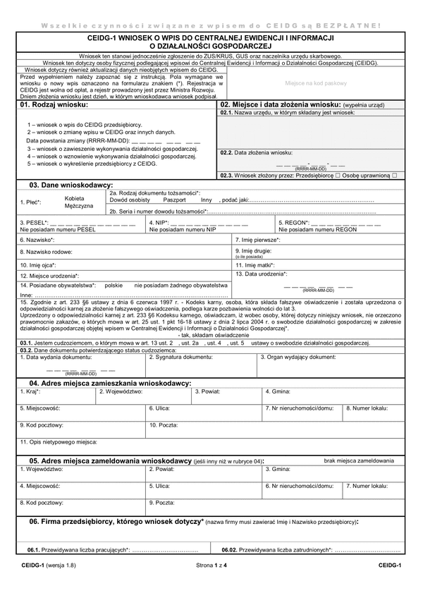 CEIDG-1 (1.08) (archiwalny) Wniosek o wpis do centralnej ewidencji i informacji o działalności gospodarczej