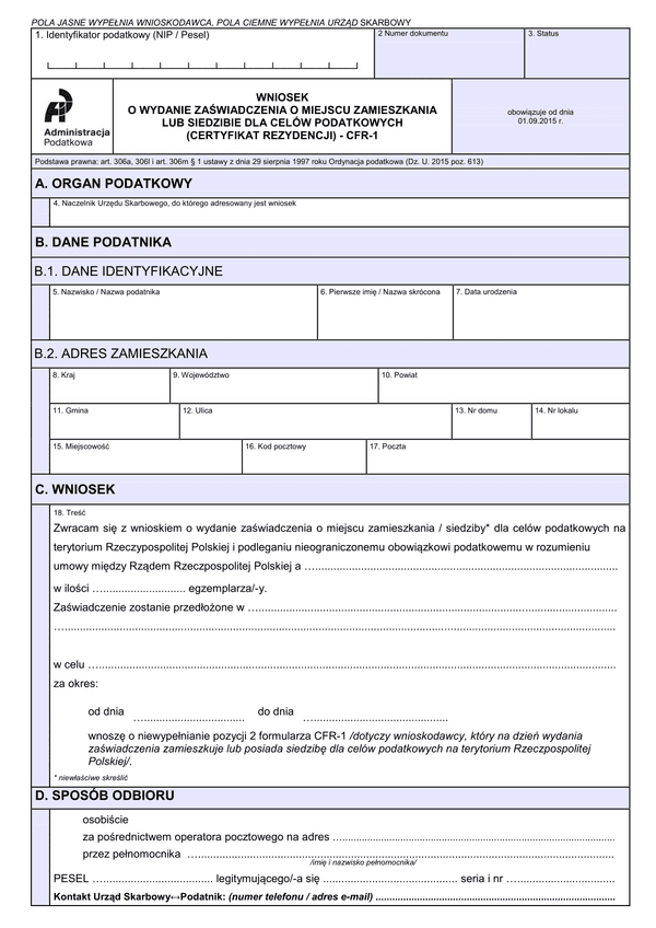 W CFR-1 (archiwalny) Wniosek o wydanie zaświadczenia o miejscu zamieszkania lub siedzibie dla celów podatkowych (certyfikat rezydencji) - CFR-1