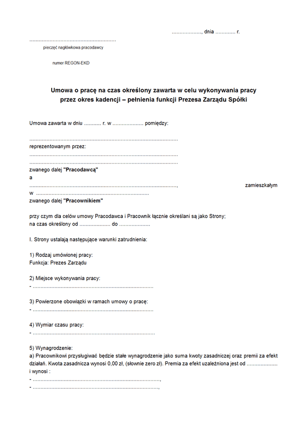 UOPPZS Umowa o pracę na czas wykonywania określonej pracy – pełnienia funkcji Prezesa Zarządu Spółki