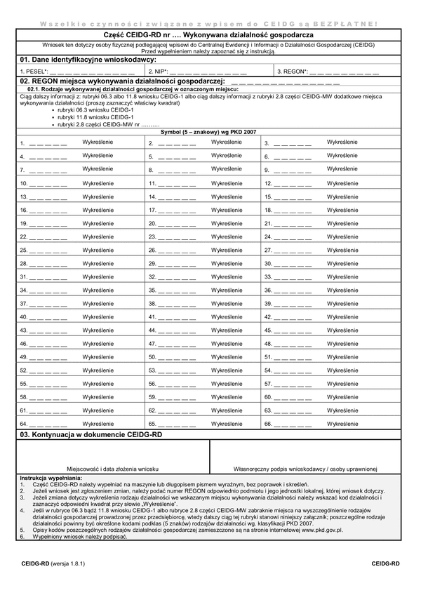 CEIDG-RD (1.8.1) (archiwalny) Wykonywana działalność gospodarcza