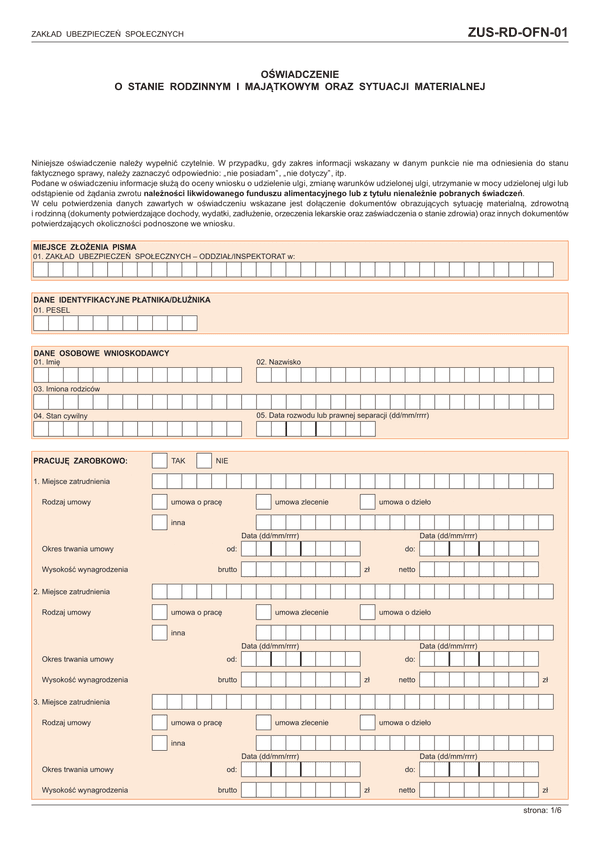 ZUS-RD-OFN-01 (archiwalny) Oświadczenie o stanie rodzinnym i majątkowym oraz sytuacji materialnej (dotyczy należności Funduszu Alimentacyjnego i Nienależnie Pobranego Świadczenia)