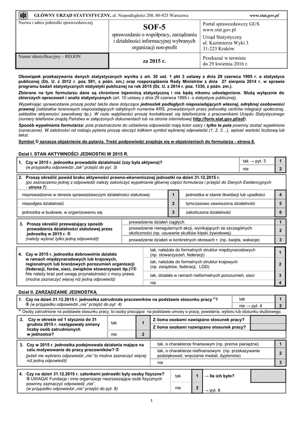 GUS SOF-5 (archiwalny) (2015) Sprawozdanie o współpracy, zarządzaniu i działalności informacyjnej wybranych organizacji non-profit