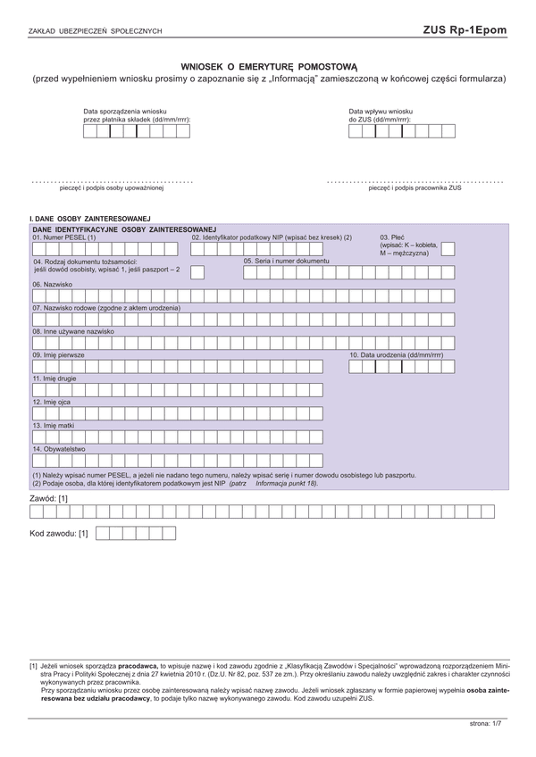 ZUS RP-1EPOM (archiwalny) Wniosek o emeryturę pomostową