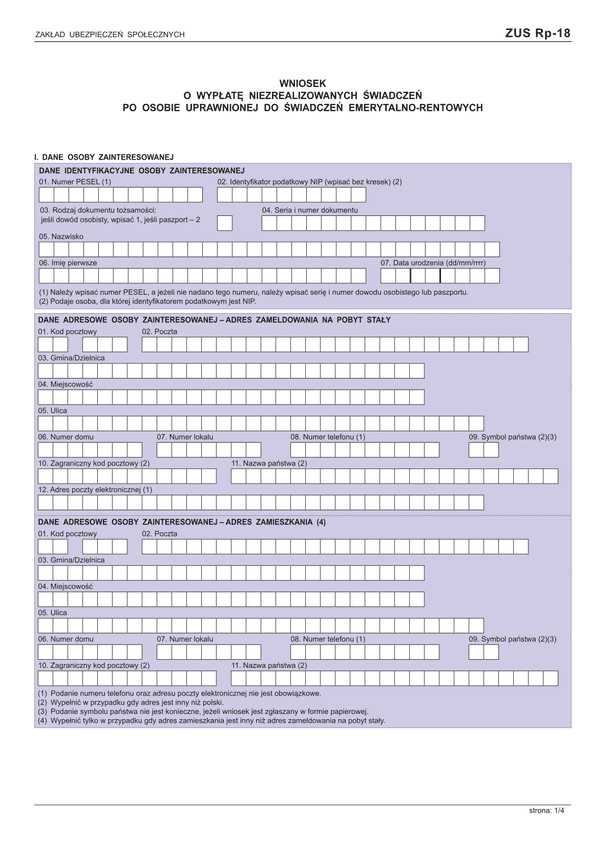 ZUS Rp-18 (archiwalny) Wniosek o wypłatę niezrealizowanych świadczeń po osobie uprawnionej do świadczeń emerytalno-rentowych