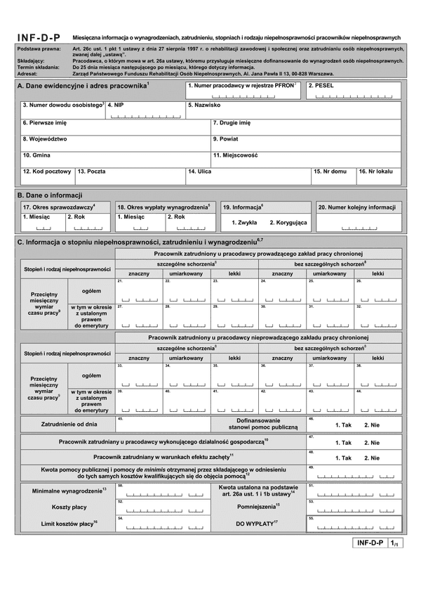 PFRON INF-D-P (od VII 2016) (archiwalny) Miesięczna informacja o wynagrodzeniach, zatrudnieniu i stopniach niepełnosprawności pracowników niepełnosprawnych