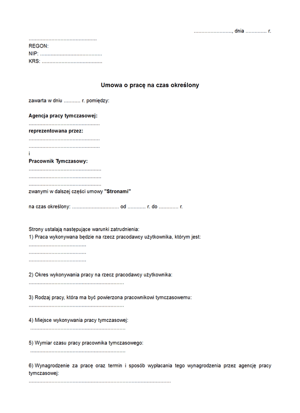 UPCO Umowa o pracę na czas określony (Agencja pracy tymczasowej)