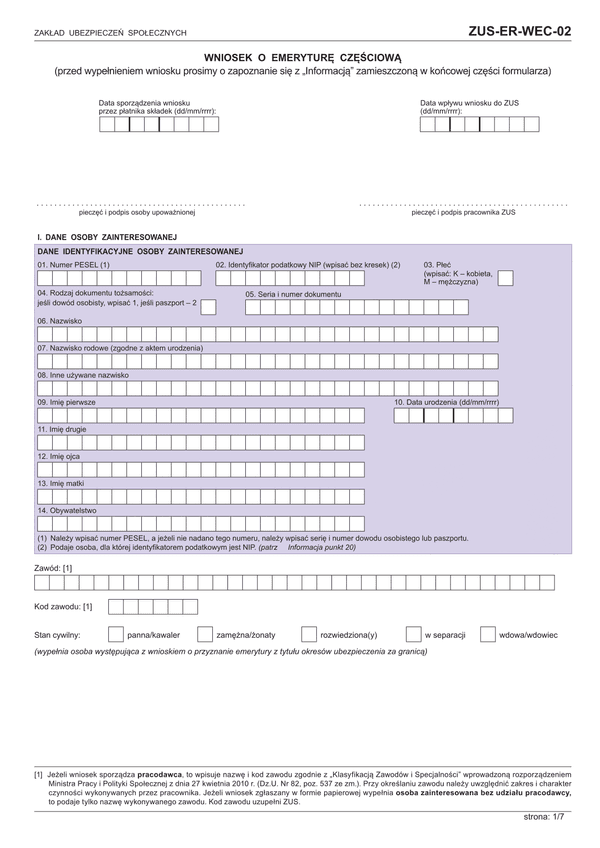 ZUS-ER-WEC-02 (archiwalny) (od 2016) Wniosek o emeryturę częściową
