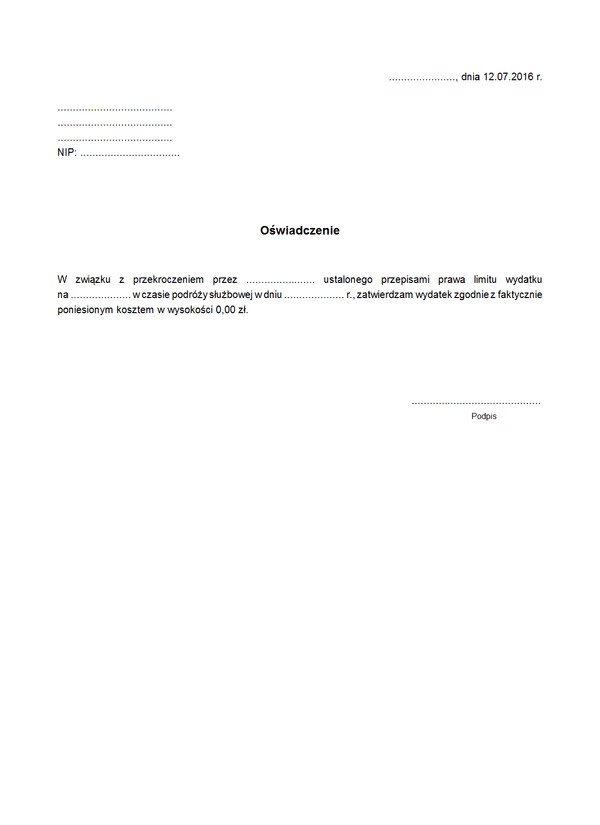 OŚW-del Oświadczenie w związku z przekroczeniem limitu wydatku w czasie podróży służbowej