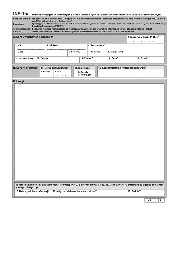 PFRON INF-1-u Informacja miesięczna o informacjach o kwocie obniżenia wpłat na Państwowy Fundusz Rehabilitacji Osób Niepełnosprawnych