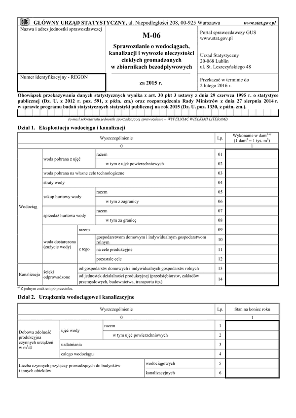 GUS M-06 (archiwalny) Sprawozdanie o wodociągach, kanalizacji i wywozie nieczystości ciekłych gromadzonych w zbiornikach bezodpływowych za 2015 rok