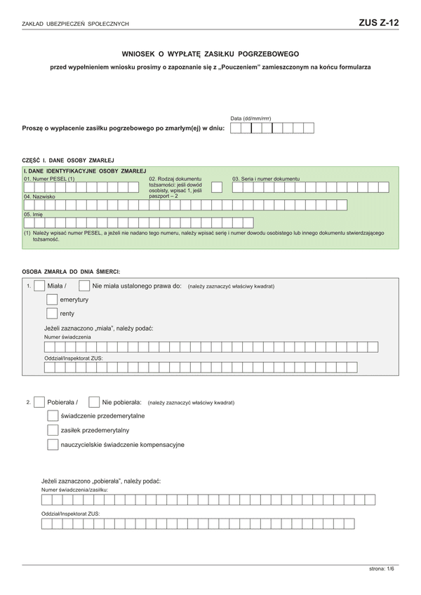 ZUS Z-12 (archiwalny) (od VI 2016) Wniosek o wypłatę zasiłku pogrzebowego