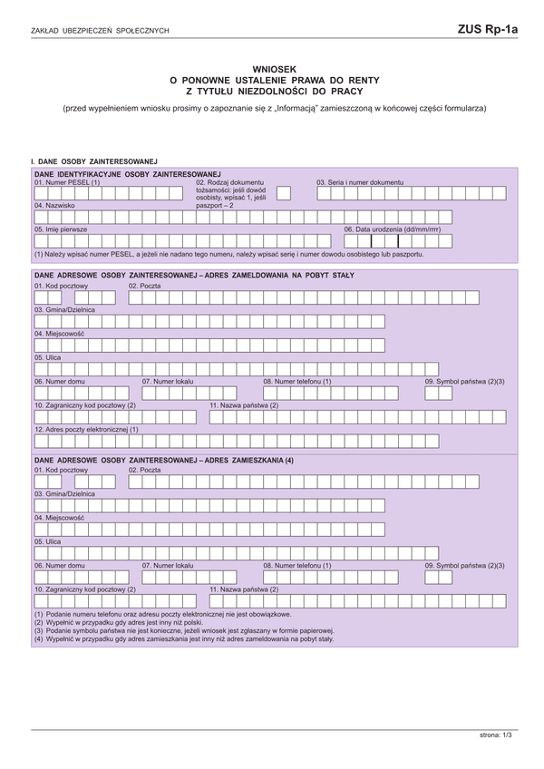 ZUS-RP-1A (od VI 2016) (archiwalny) Wniosek o ponowne ustalenie prawa do renty z tytułu niezdolności do pracy