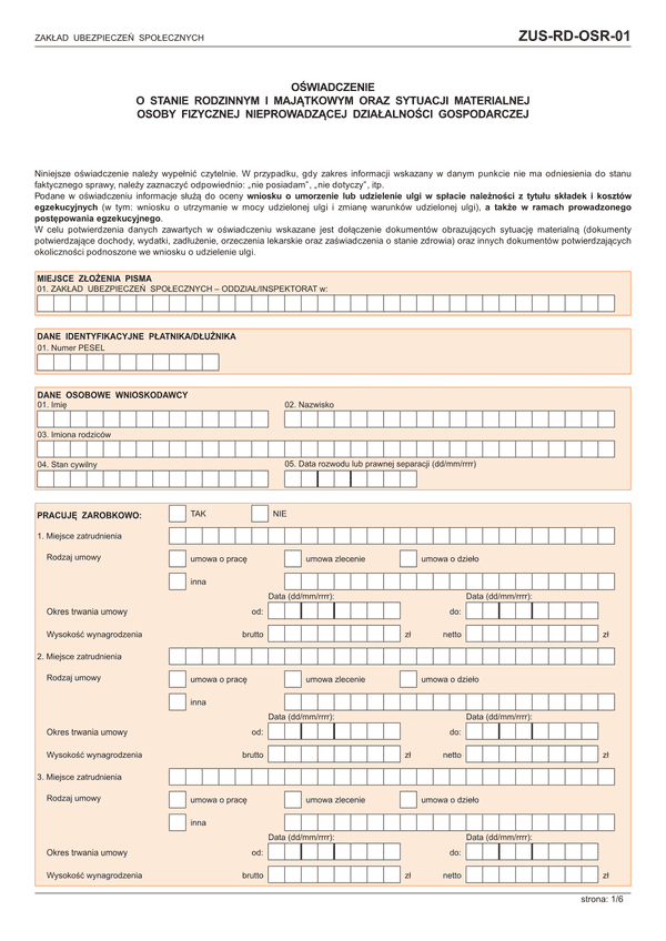 ZUS-RD-OSR-01 (archiwalny) Oświadczenie o stanie rodzinnym i majątkowym oraz sytuacji materialnej osoby fizycznej nieprowadzącej działalności gospodarczej
