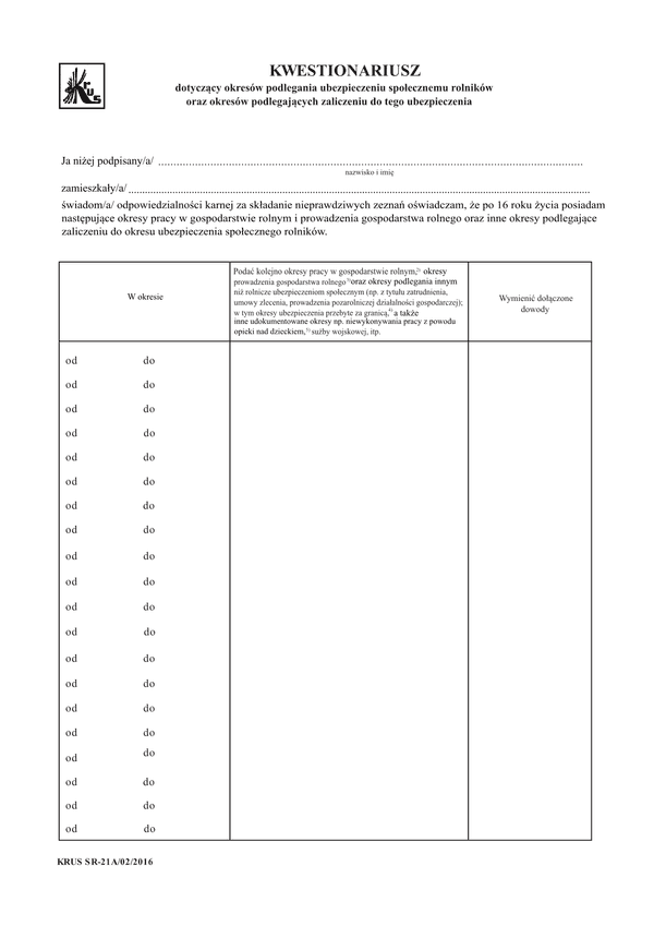 KRUS SR-21A Kwestionariusz dotyczący okresów podlegania ubezpieczeniu społecznemu rolników oraz okresów podlegających zaliczeniu do tego ubezpieczenia