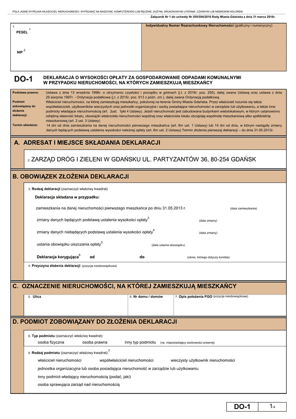 DO-1 G (archiwalny) Deklaracja o wysokości opłaty za gospodarowanie odpadami komunalnymi w przypadku nieruchomości, na których zamieszkują mieszkańcy