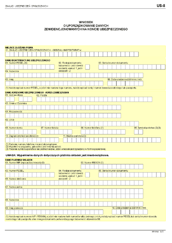 ZUS US-8 (archiwalny) Wniosek o uporządkowanie danych zewidencjonowanych na koncie ubezpieczonego