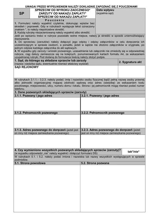 SP (archiwalny) Sprzeciw do wyroku zaocznego/zarzuty od nakazu zapłaty/sprzeciw do nakazu zapłaty