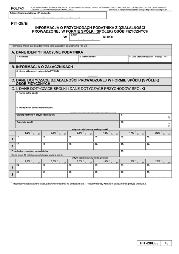 PIT-28/B (14) (archiwalny) (2016, 2017) Informacja o przychodach podatnika z działalności prowadzonej w formie spółki (spółek) osób fizycznych