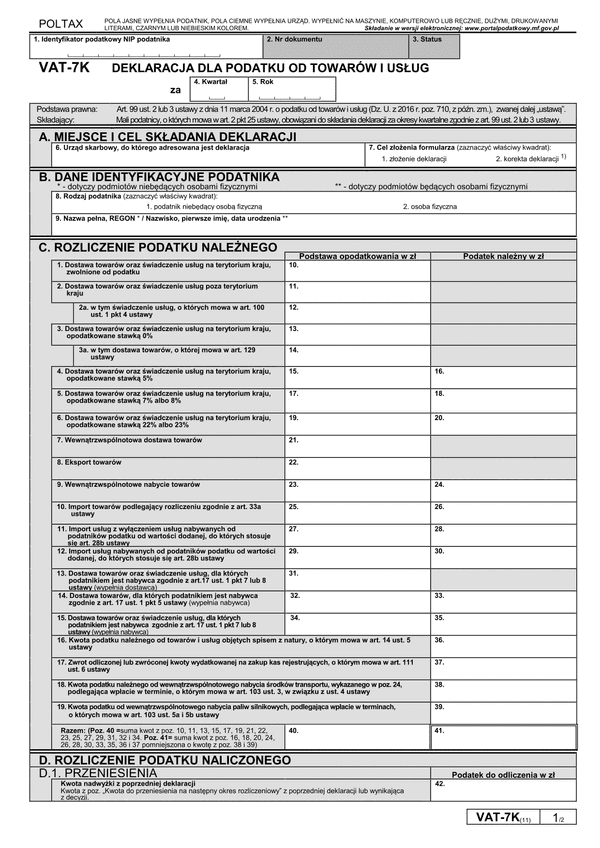 CzVAT-7K (11) (archiwalny) Gminne (samorządowe) jednostki budżetowe - deklaracja VAT-7K częściowa (do przekazania organom gminy celem stworzenia łącznej deklaracji VAT)