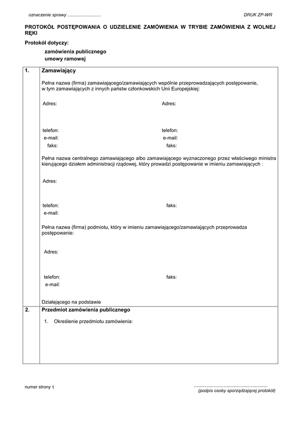 ZP-WR Protokół postępowania w trybie zamówienia z wolnej ręki