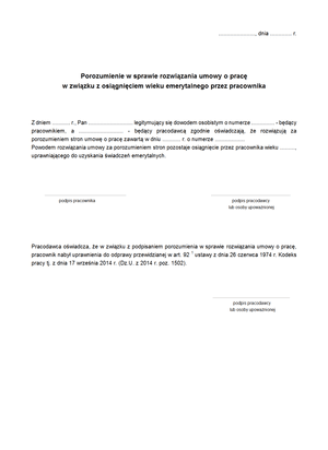 PRUPWE Porozumienie w sprawie rozwiązania umowy o pracę w związku z osiągnięciem wieku emerytalnego przez pracownika