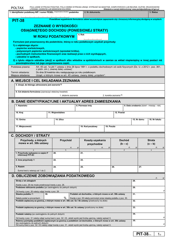 PIT-38 (11) (archiwalny) (2016) Zeznanie o wysokości osiągniętego dochodu (poniesionej straty)