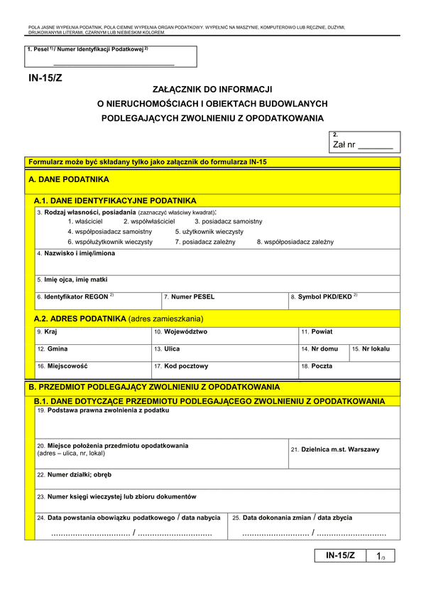 IN-15/Z (archiwalny) Załącznik do informacji o nieruchomościach i obiektach budowlanych podlegających zwolnieniu z opodatkowania (Warszawa)
