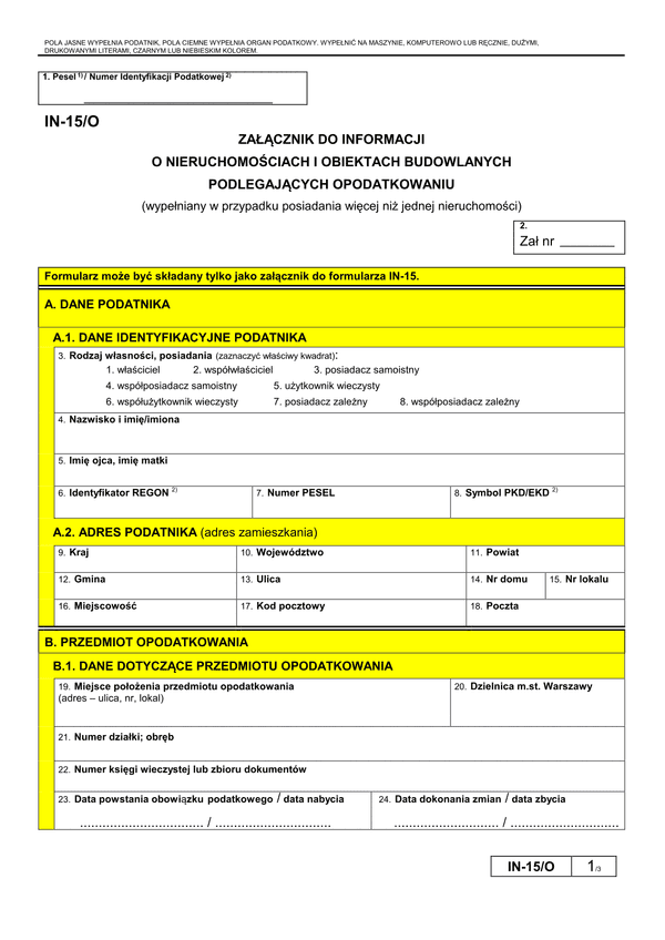 IN-15/O (archiwalny) Załącznik do informacji o nieruchomościach i obiektach budowlanych podlegających opodatkowaniu (Warszawa)