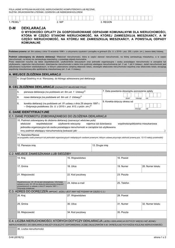 D-M (archiwalny) Deklaracja o wysokości opłaty za gospodarowanie odpadami komunalnymi dla nieruchomości, która w części stanowi nieruchomość, na której zamieszkują mieszkańcy, a w części nieruchomość, na której nie zamieszkują mieszkańcy, a powstają odpad