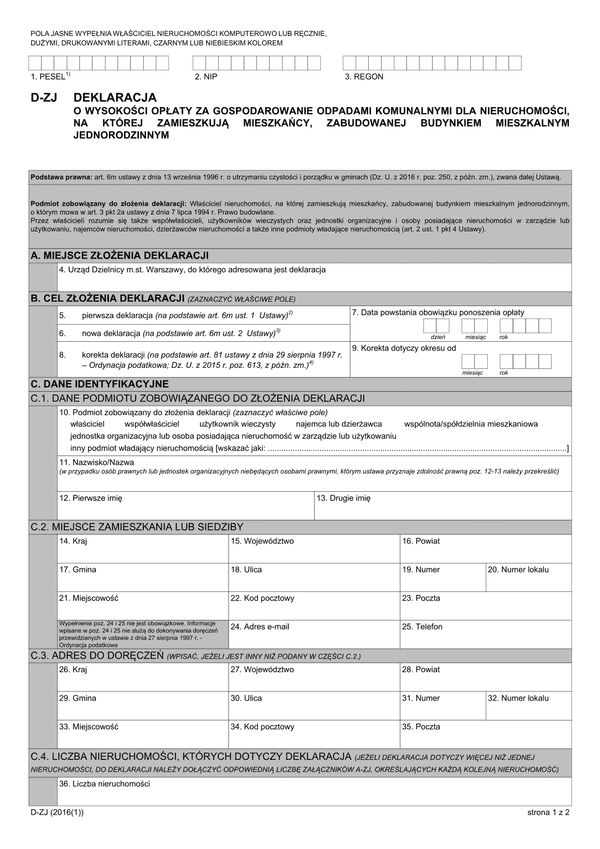 D-ZJ Deklaracja o wysokości opłaty za gospodarowanie odpadami komunalnymi dla nieruchomości, na której zamieszkują mieszkańcy, zabudowanej budynkiem mieszkalnym jednorodzinnym (Warszawa)