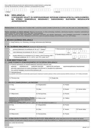 D-ZJ Deklaracja o wysokości opłaty za gospodarowanie odpadami komunalnymi dla nieruchomości, na której zamieszkują mieszkańcy, zabudowanej budynkiem mieszkalnym jednorodzinnym (Warszawa)