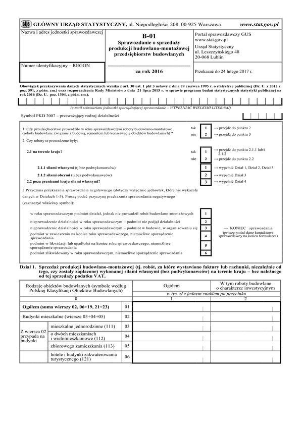 GUS B-01 (2016) (archiwalny) Sprawozdanie o sprzedaży produkcji budowlano-montażowej przedsiębiorstw budowlanych za rok 2016