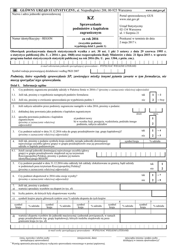 GUS KZ (2016) (archiwalny) Sprawozdanie podmiotów z kapitałem zagranicznym za rok 2016