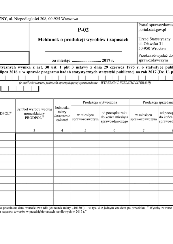 GUS P-02 (2017) (archiwalny) Meldunek o produkcji wyrobów i zapasach