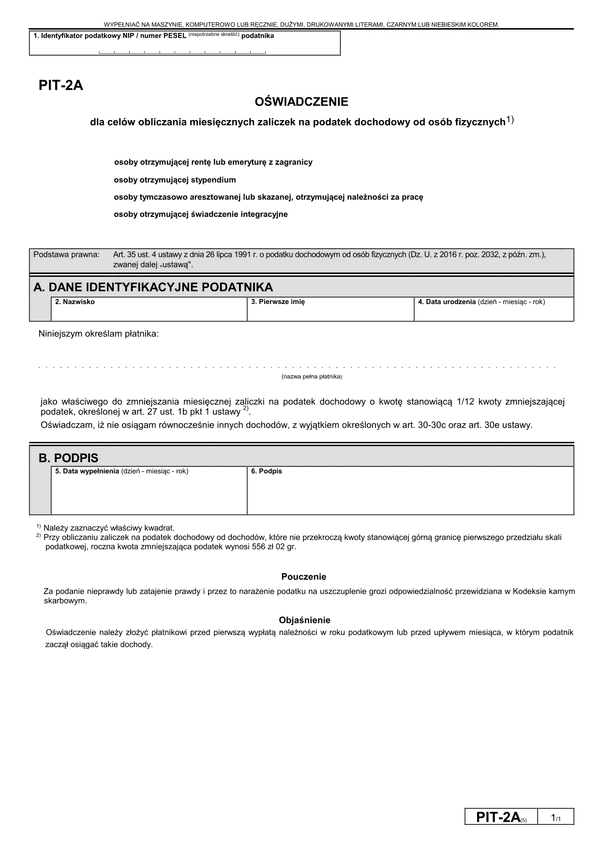 PIT-2A (5) (archiwalny) (2017-2018) Oświadczenie dla celów obliczania miesięcznych zaliczek na podatek dochodowy od osób fizycznych