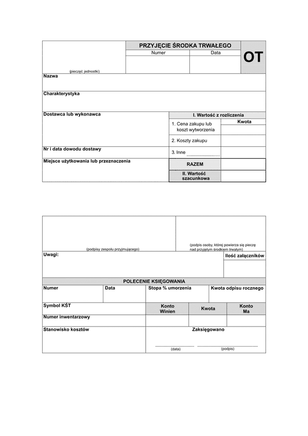 OT Przyjęcie środka trwałego (druk jednostronicowy)