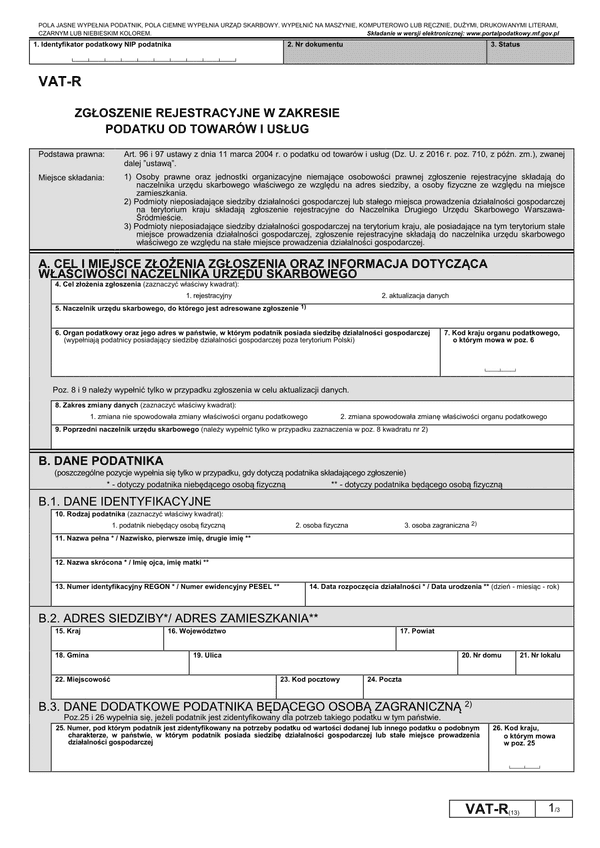 VAT-R (13) (archiwalny) Zgłoszenie rejestracyjne w zakresie podatku od towarów i usług