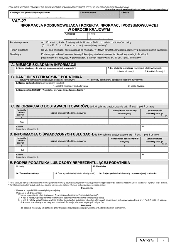 VAT-27 (2) (archiwalny) Informacja podsumowująca / korekta informacji podsumowującej w obrocie krajowym