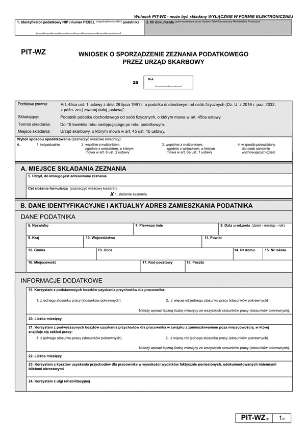 PIT-WZ (1) (archiwalny) (2016) Wniosek PIT - Wniosek o sporządzenie zeznania podatkowego przez urząd skarbowy
