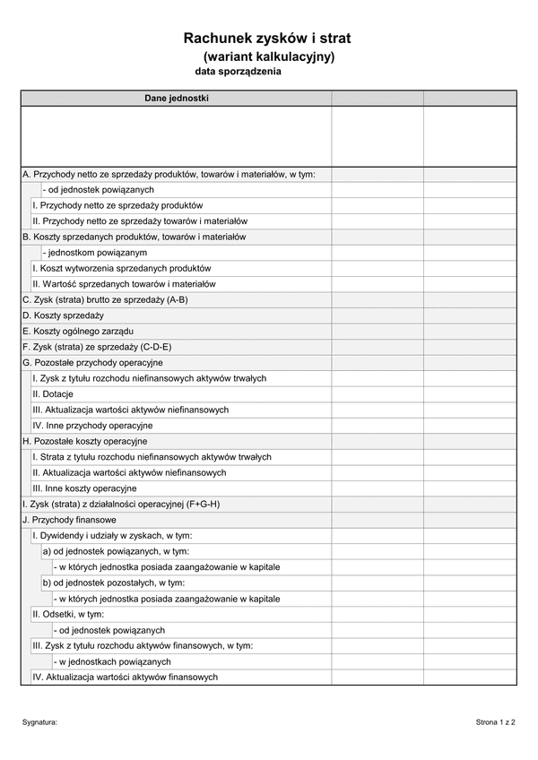 RZiS (K) (archiwalny) (2016) Rachunek zysków i strat (wariant kalkulacyjny)