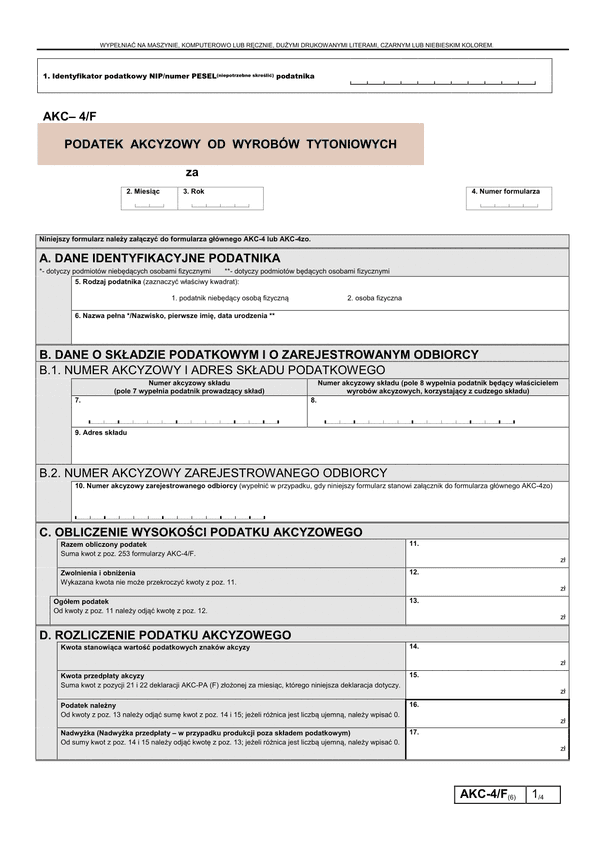 AKC-4/F (6) (archiwalny) Podatek akcyzowy od wyrobów tytoniowych
