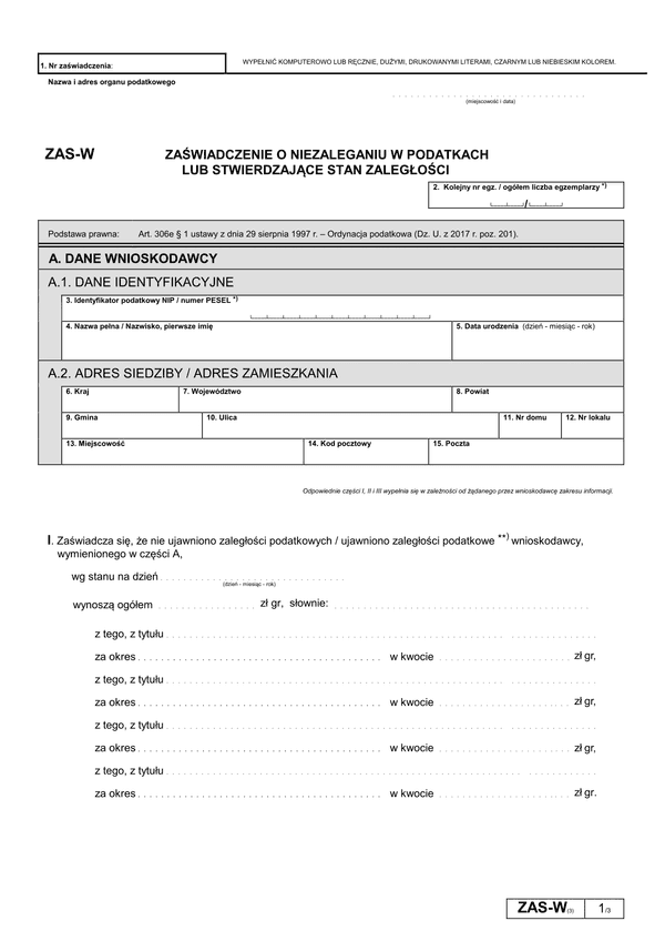 ZAS-W (3) (archiwalny) Zaświadczenie o niezaleganiu w podatkach lub stwierdzające stan zaległości
