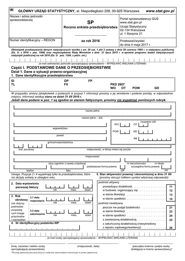 GUS SP (2016) (archiwalny) Roczna ankieta przedsiębiorstwa za rok 2016