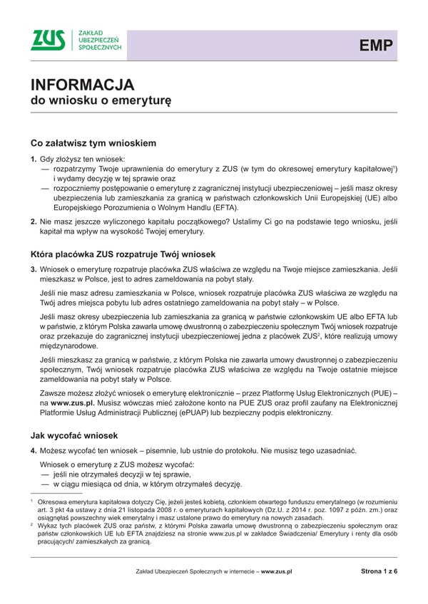 ZUS EMP-ins (archiwalny) Informacja do wniosku o emeryturę