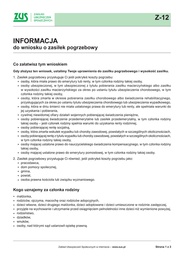 ZUS INF (archiwalny) Informacja do wniosku o zasiłek pogrzebowy