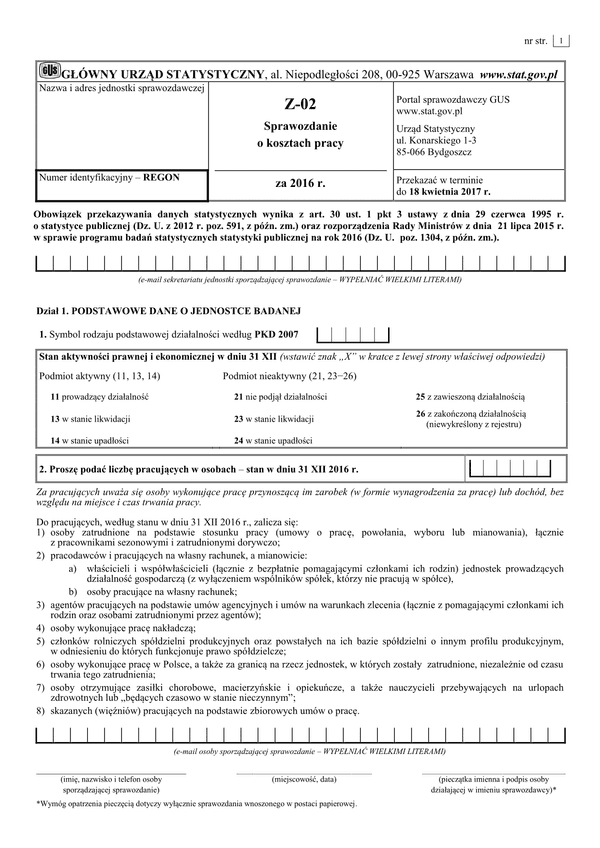 GUS Z-02 (archiwalny) Sprawozdanie o kosztach pracy za 2016 r.