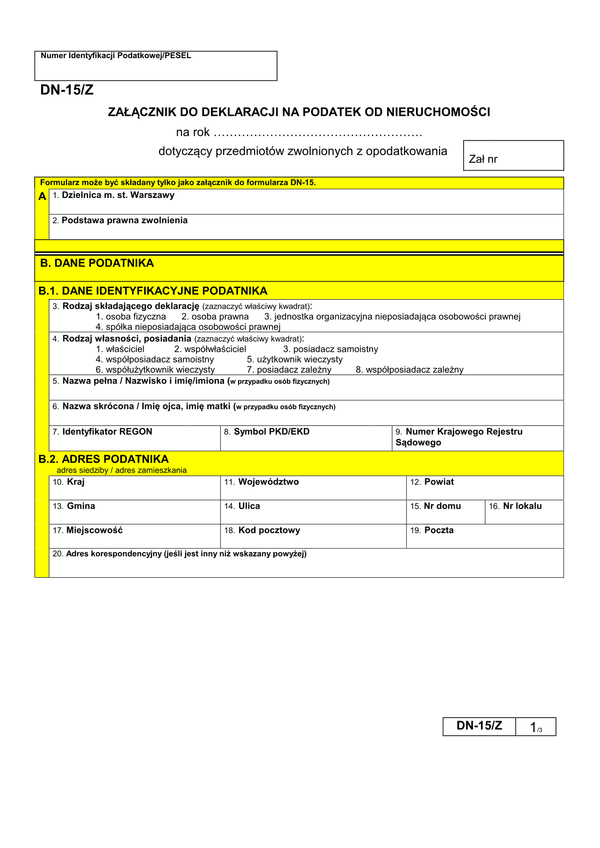 DN-12/Z (archiwalny) Załącznik do deklaracji na podatek od nieruchomości - Warszawa